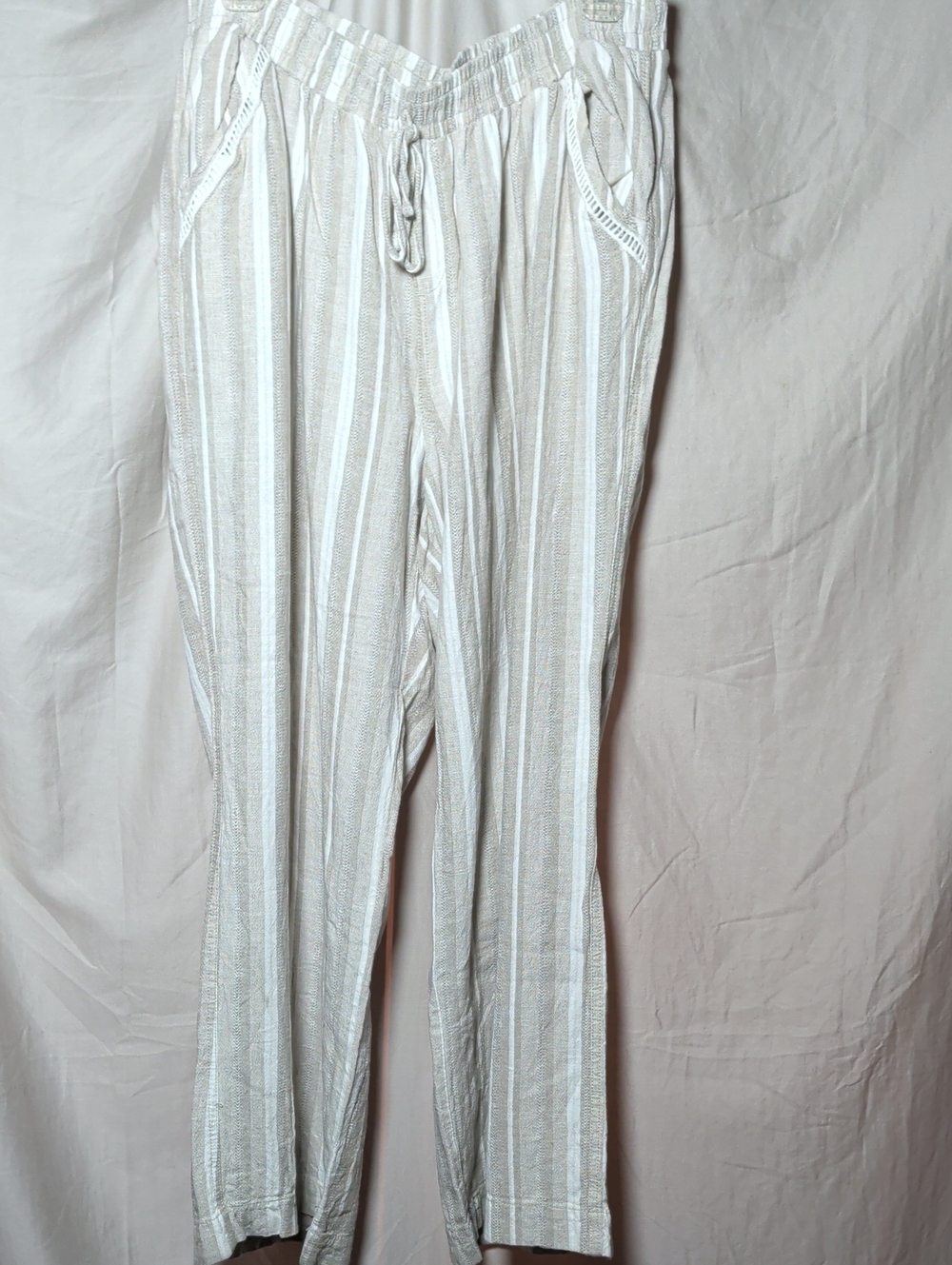 Briggs New York White & Beige Linen Blend Striped Drawstring Chinos - Picture 1 of 7